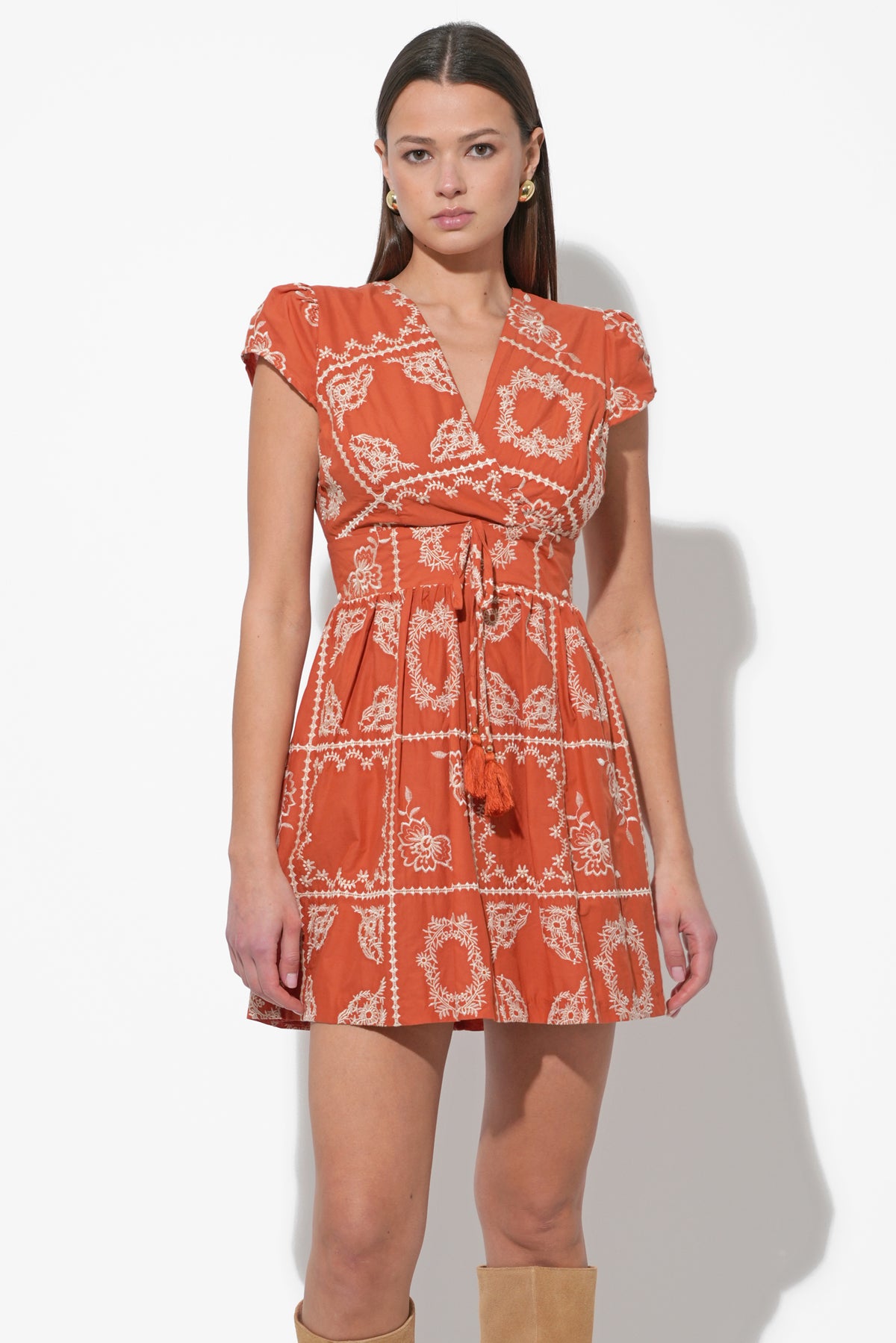 Selina Embroidered Cap Sleeve Mini Dress | Adelyn Rae S / RUST