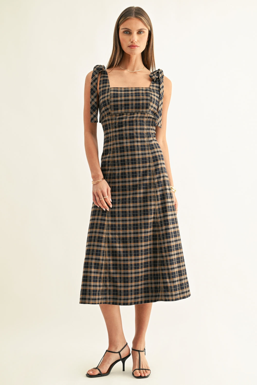 Sue Contrast Binding Tied Shoulder Midi Dress F267D7236_NAVY/MUSTARD