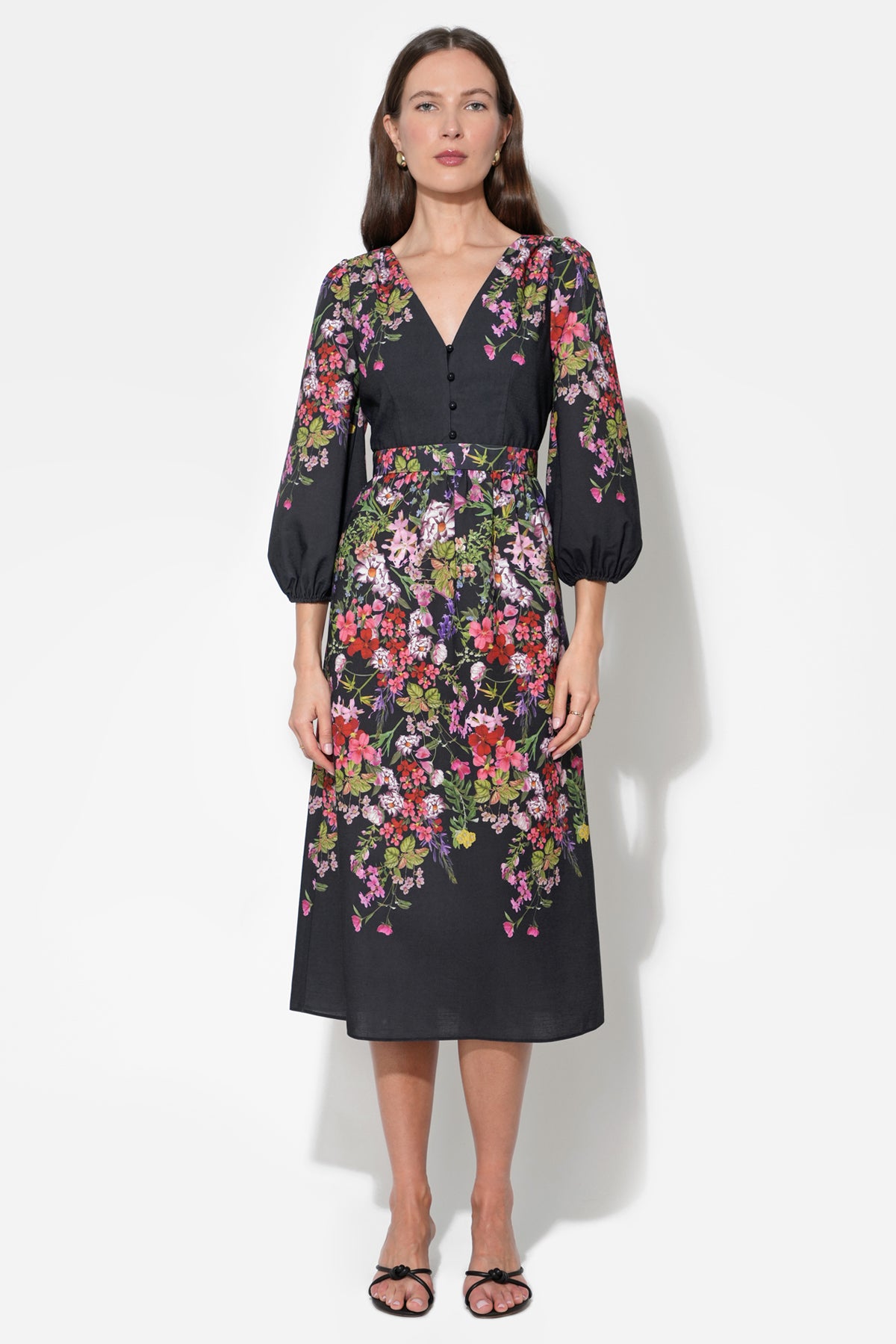 Tessa Bubble Sleeve V-Neck Floral Print Midi Dress F2512D6821