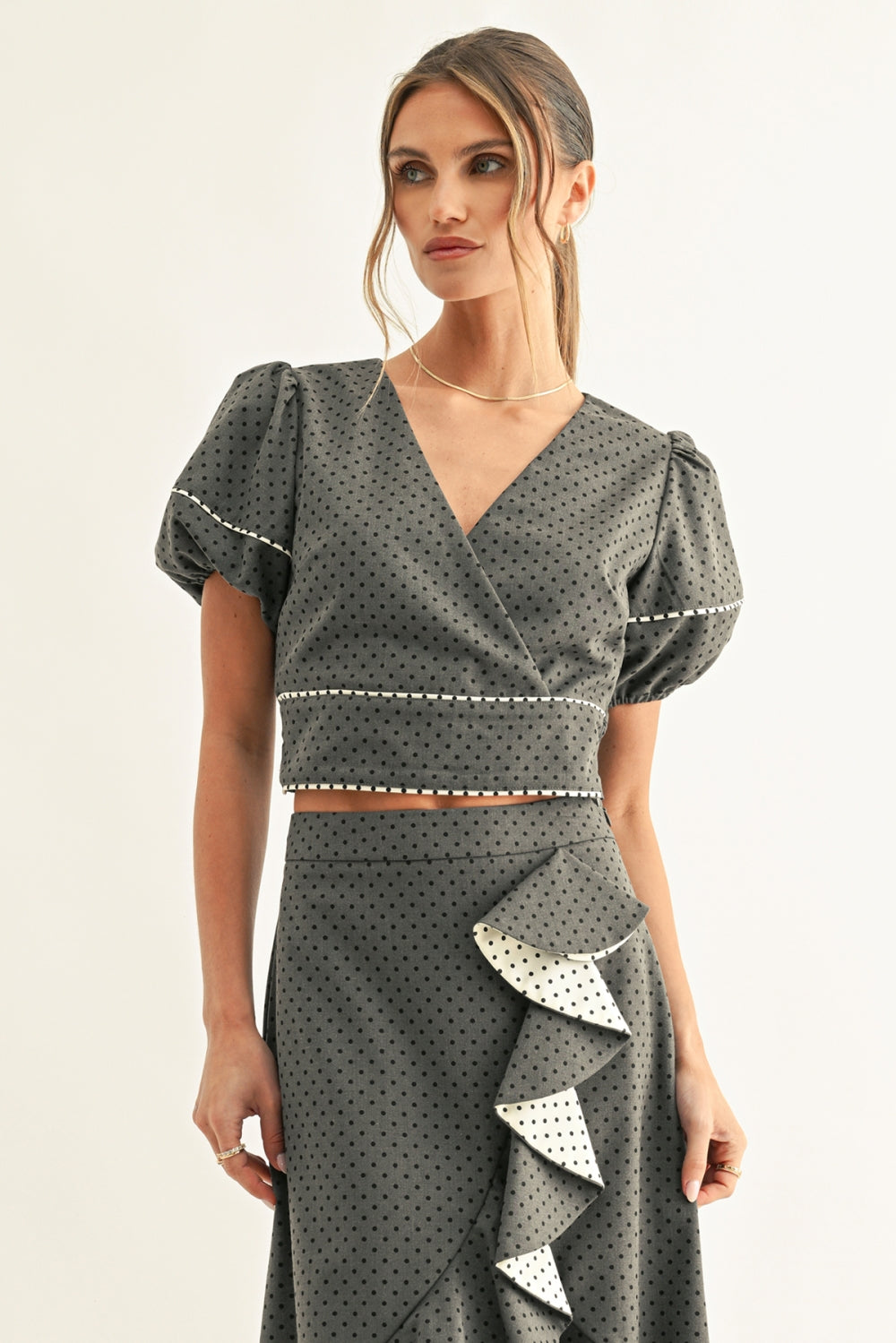 Tina Polka Dot Surplice Top F267T7600_DARK DENIM DOT