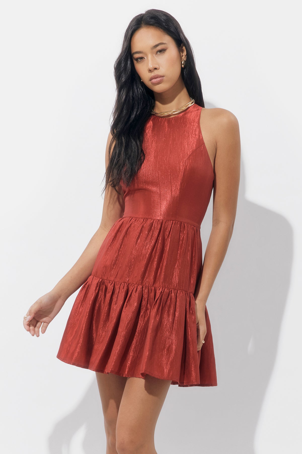 Toyna Tiered Mini Halter Dress | Adelyn Rae S / DART RUST Toyna Tiered Mini Halter Dress | Adelyn Rae S / DART RUST