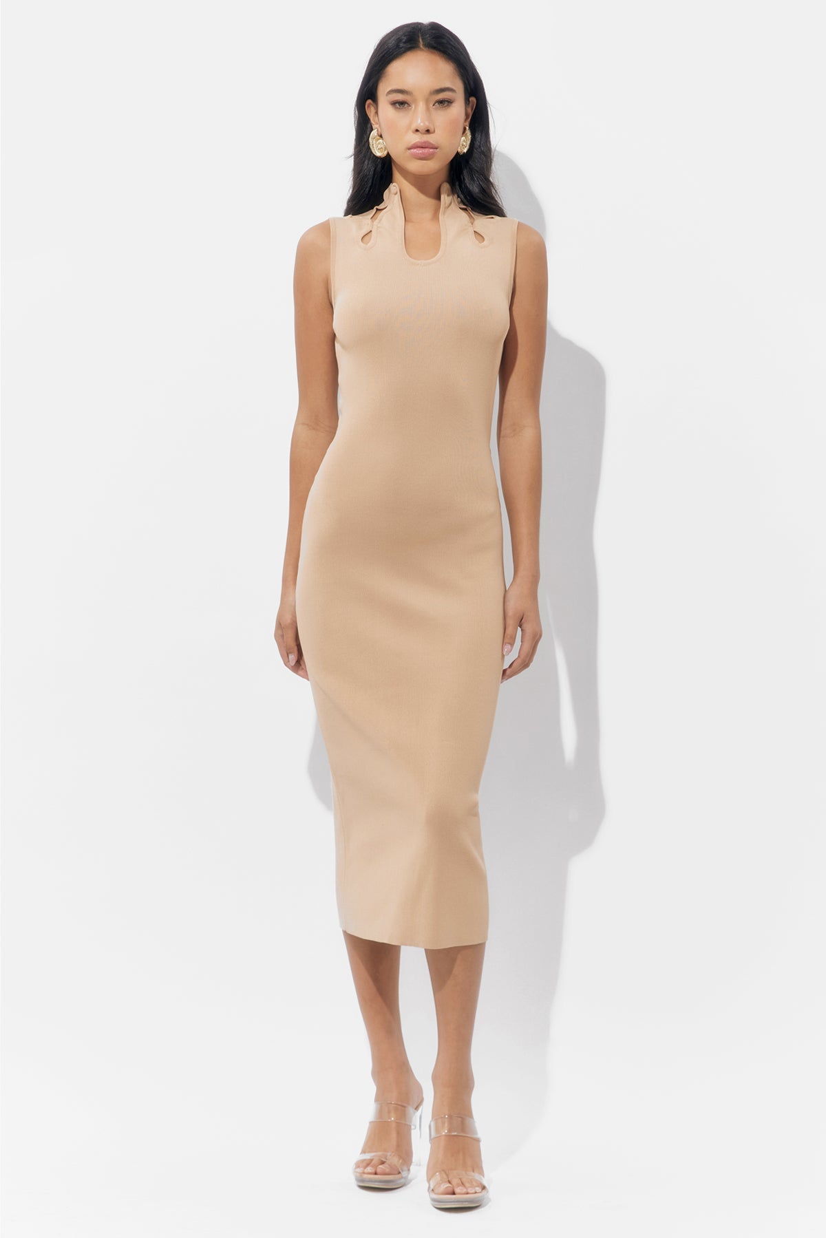 Trish Sculpted Cut Out Knit Nude Midi Dress F257WD6107