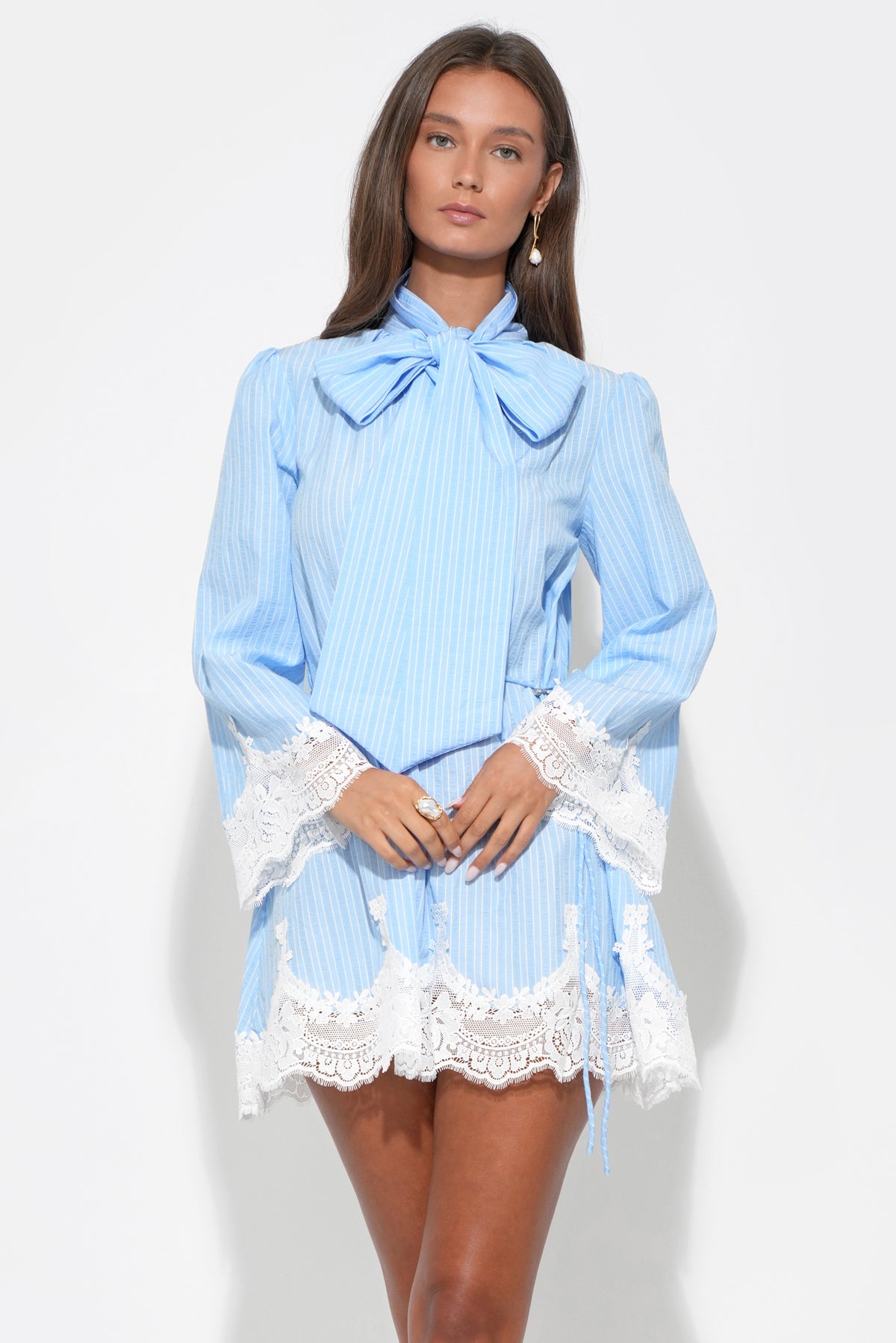 Adelyn Rae Tie Neck Lace Trim Stripe Mini Dress, Womens, XS, Light Blue/White