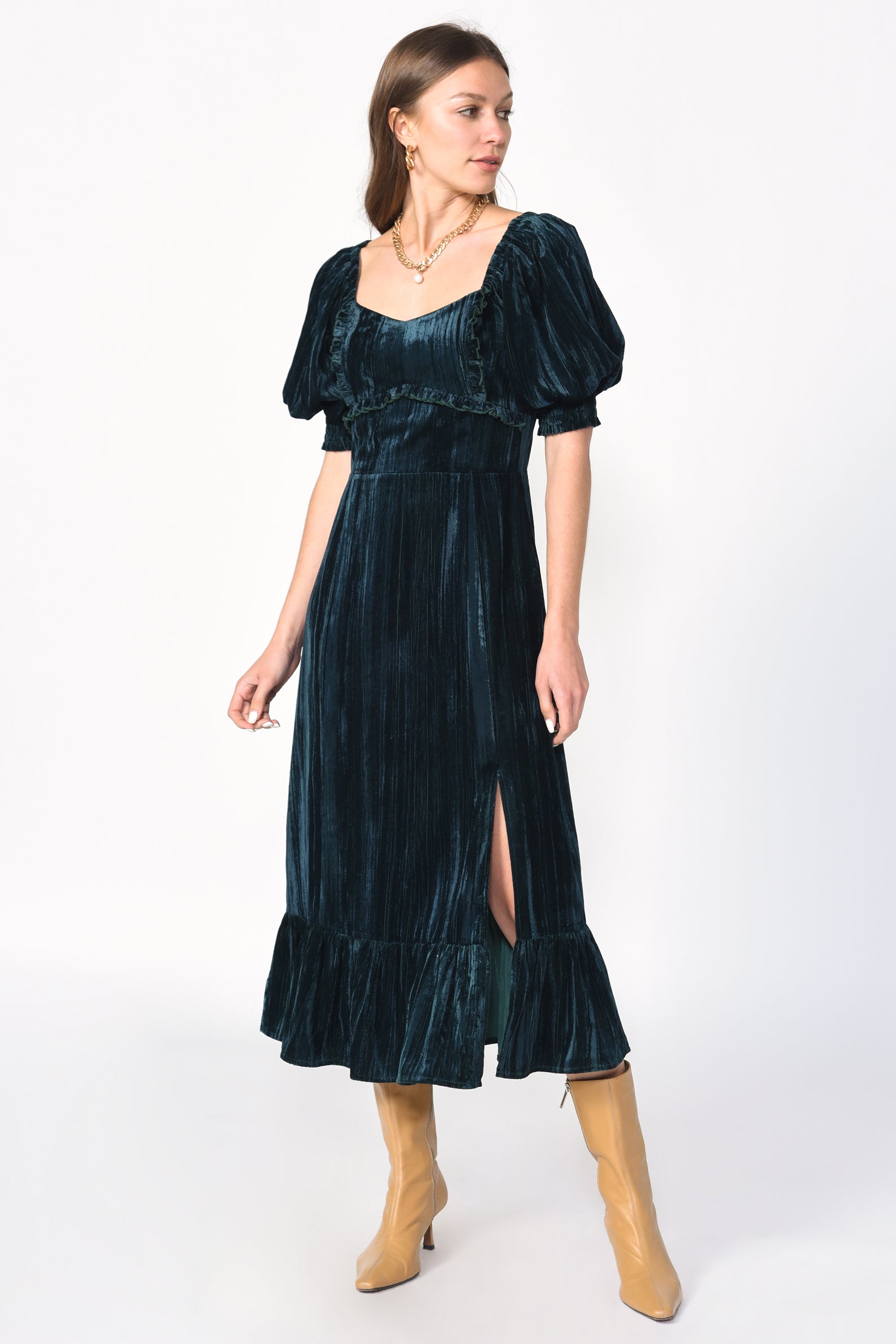 Kiani Textured Velvet Puff Sleeve Midi Dress