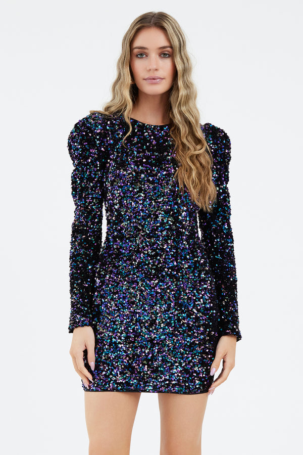 Gale Velvet Sequins Puff Sleeve Mini Dress