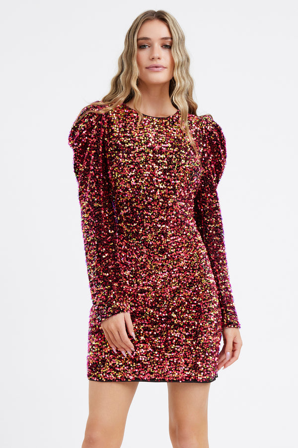 Gale Velvet Sequins Puff Sleeve Mini Dress