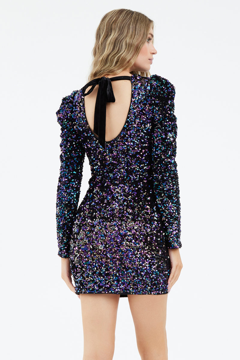 Gale Velvet Sequins Puff Sleeve Mini Dress