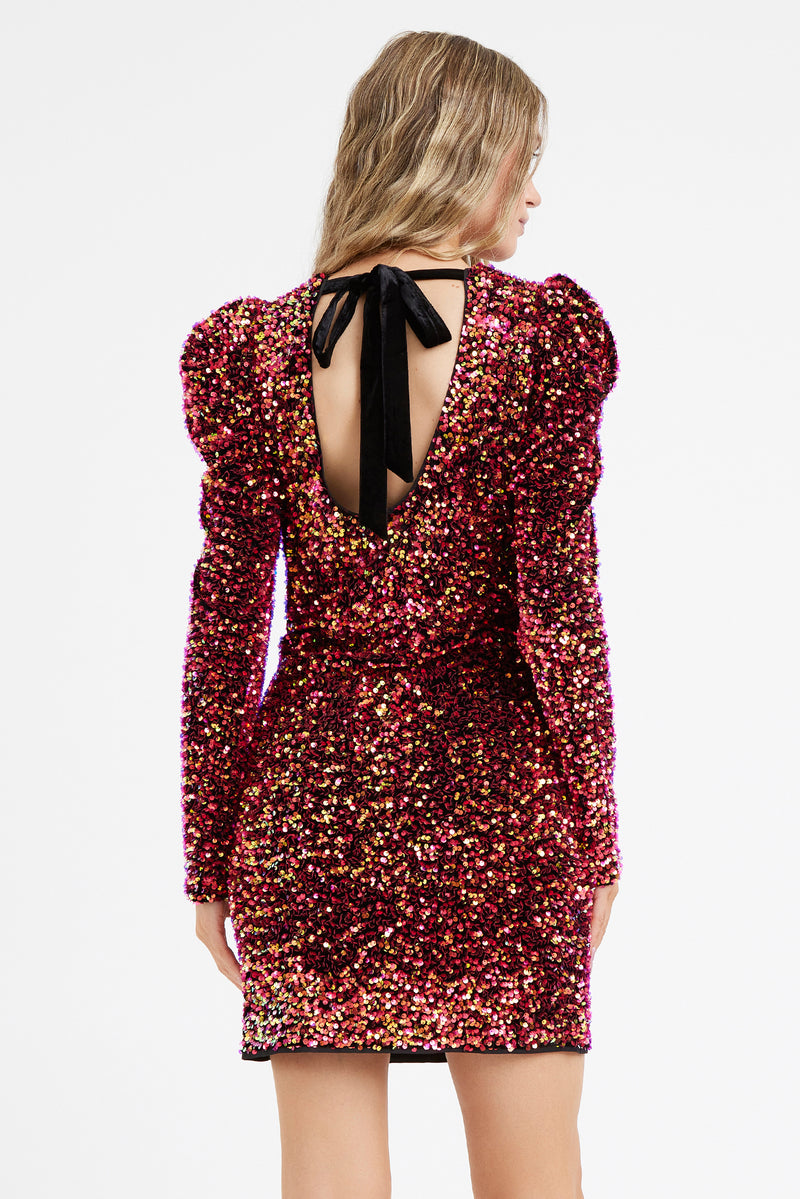 Gale Velvet Sequins Puff Sleeve Mini Dress