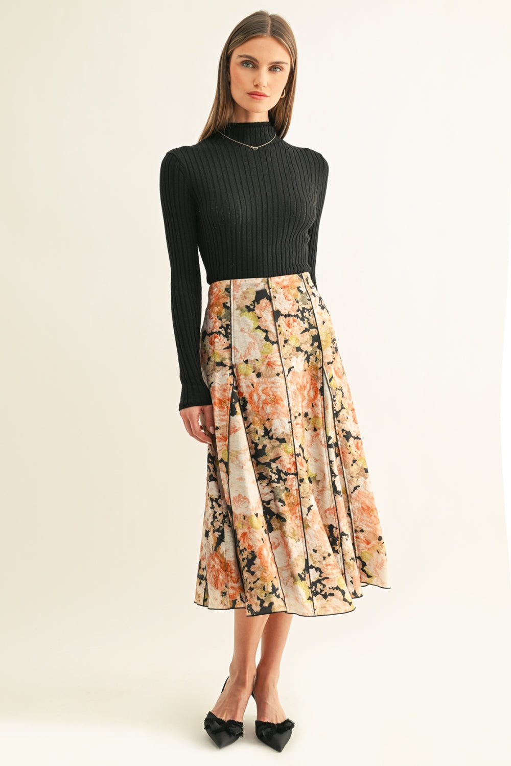 AMORA CONTRAST STITCHED GODET MIDI SKIRT F268S9489_BLACK MULTI