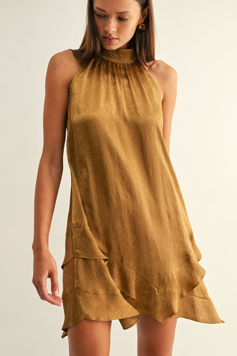 Adriana Smocked Neck Sleeveless Asymmetric Mini Dress F269D7434_OLIVE