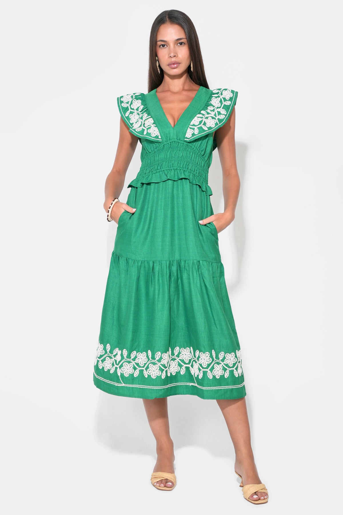 Amaya Ruffle Embroidery Midi Dress F262D7048
