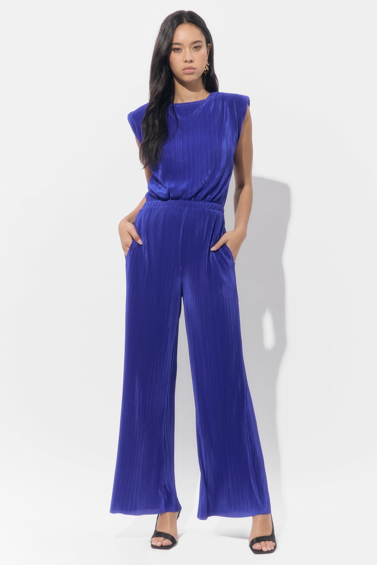 Annalise Padded Shoulder Plisse Jumpsuit F2511P6498