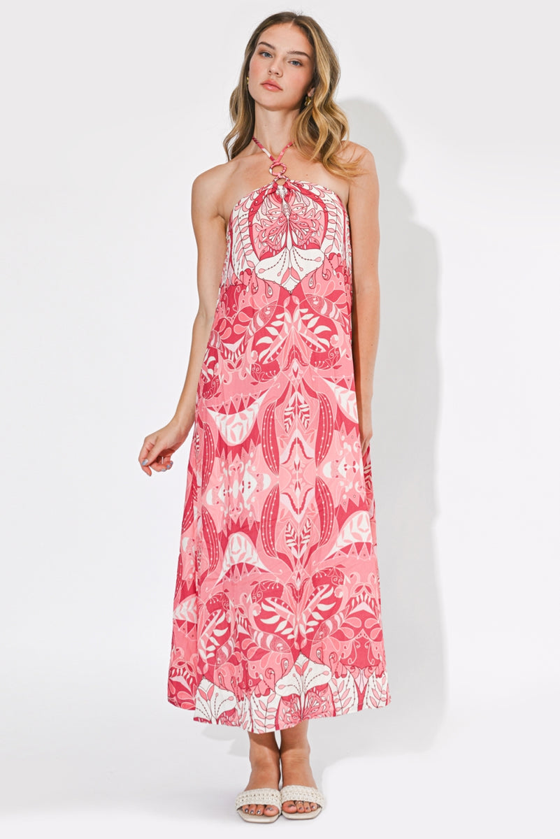 ring halter dress Anya O-Ring Maxi Size:XXL -16 90s Gray Crinkle Rayon nude dress
