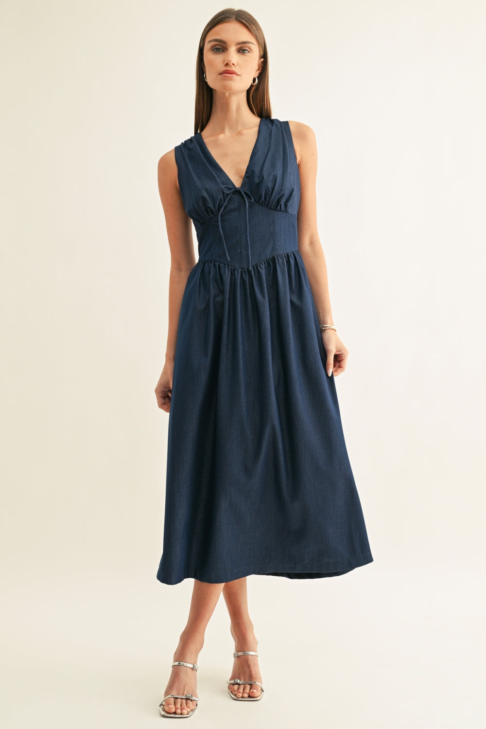 Arabelle Chambray Sleeveless Corset Midi Dress F267D7296_INDIGO BLUE