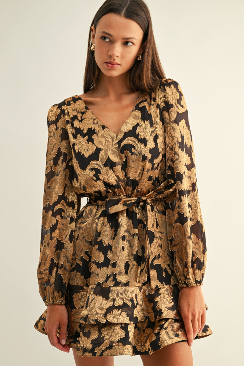 Aria Long Sleeves Tiered Mini Dress F2610D7354_BLACK/GOLD
