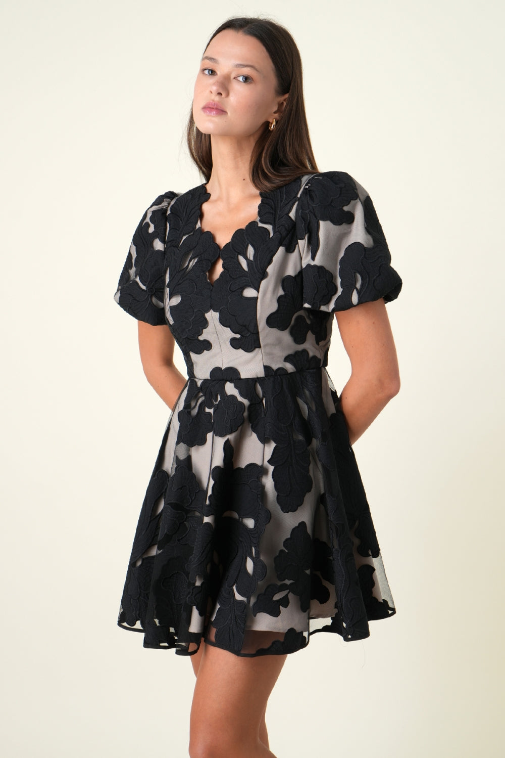 Ariana Bubble Sleeves Black Mini Dress F262D6986_BLACK/NUDE
