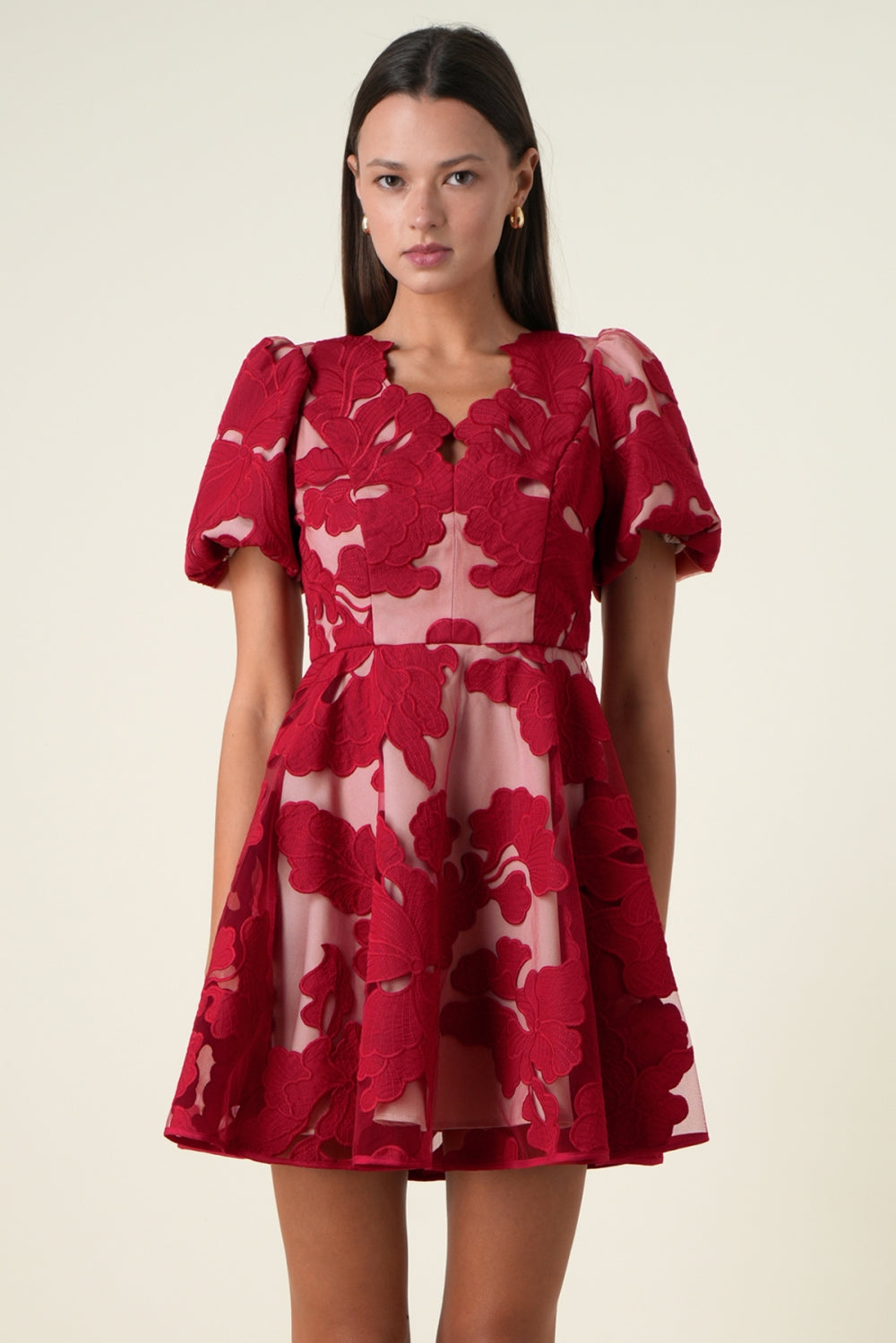Ariana Bubble Sleeves Mini Dress F262D6986_MAROON/NUDE