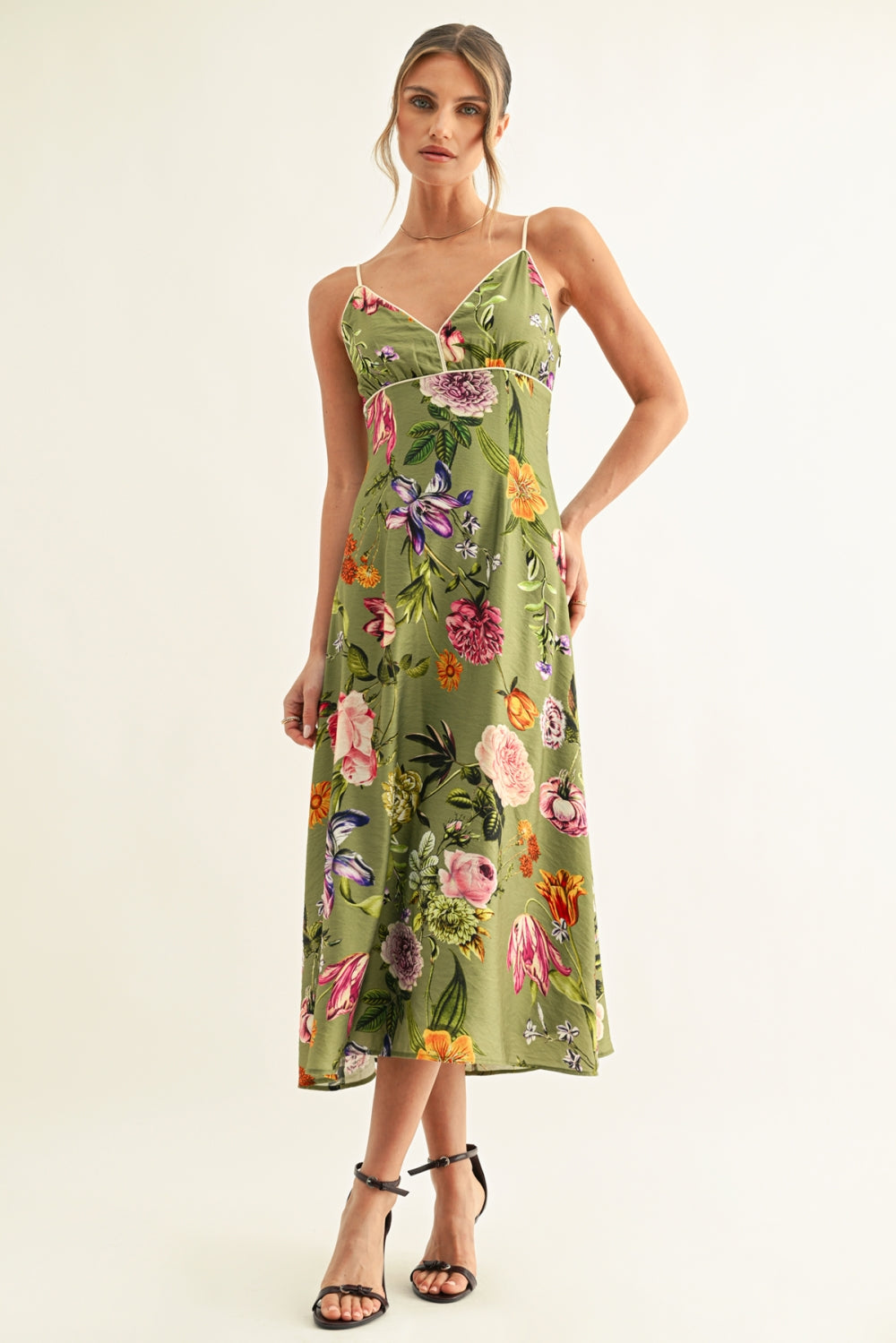 Arias Contrast Binding Midi Slip Dress F267D7234_OLIVE MULTI