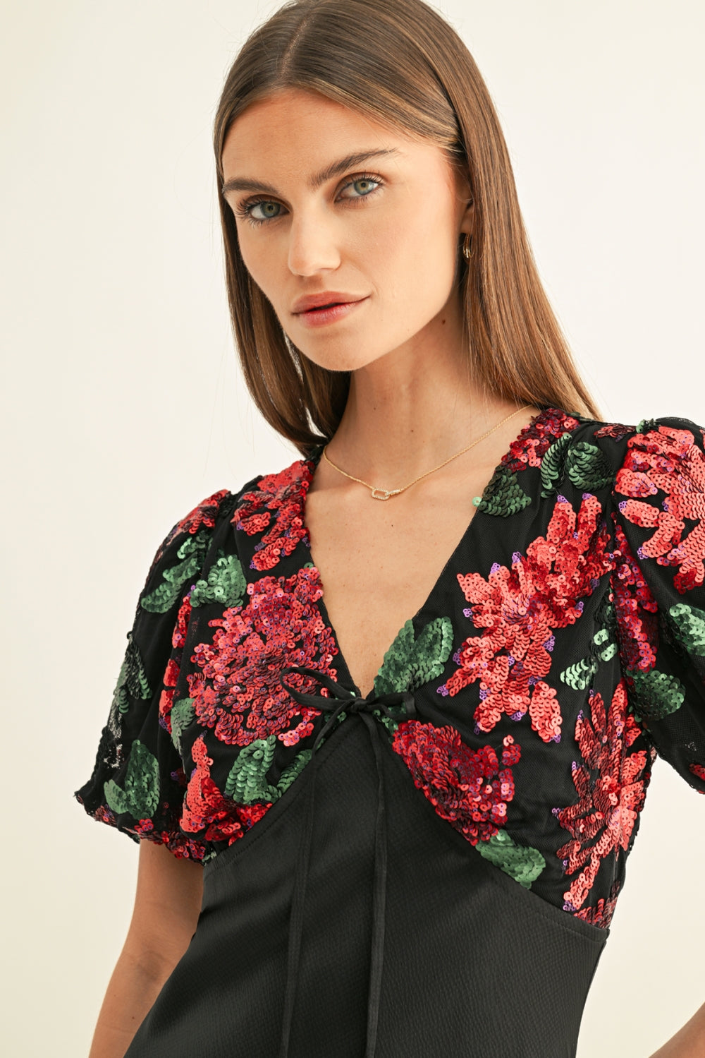 Avah Mixed Media Short Sleeves Sequin Maxi Dress F269D7311_BLACK MULTI
