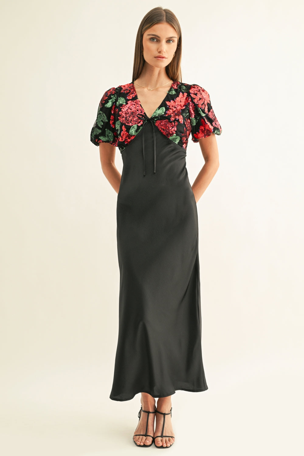 Avah Mixed Media Short Sleeves Sequin Maxi Dress F269D7311_BLACK MULTI