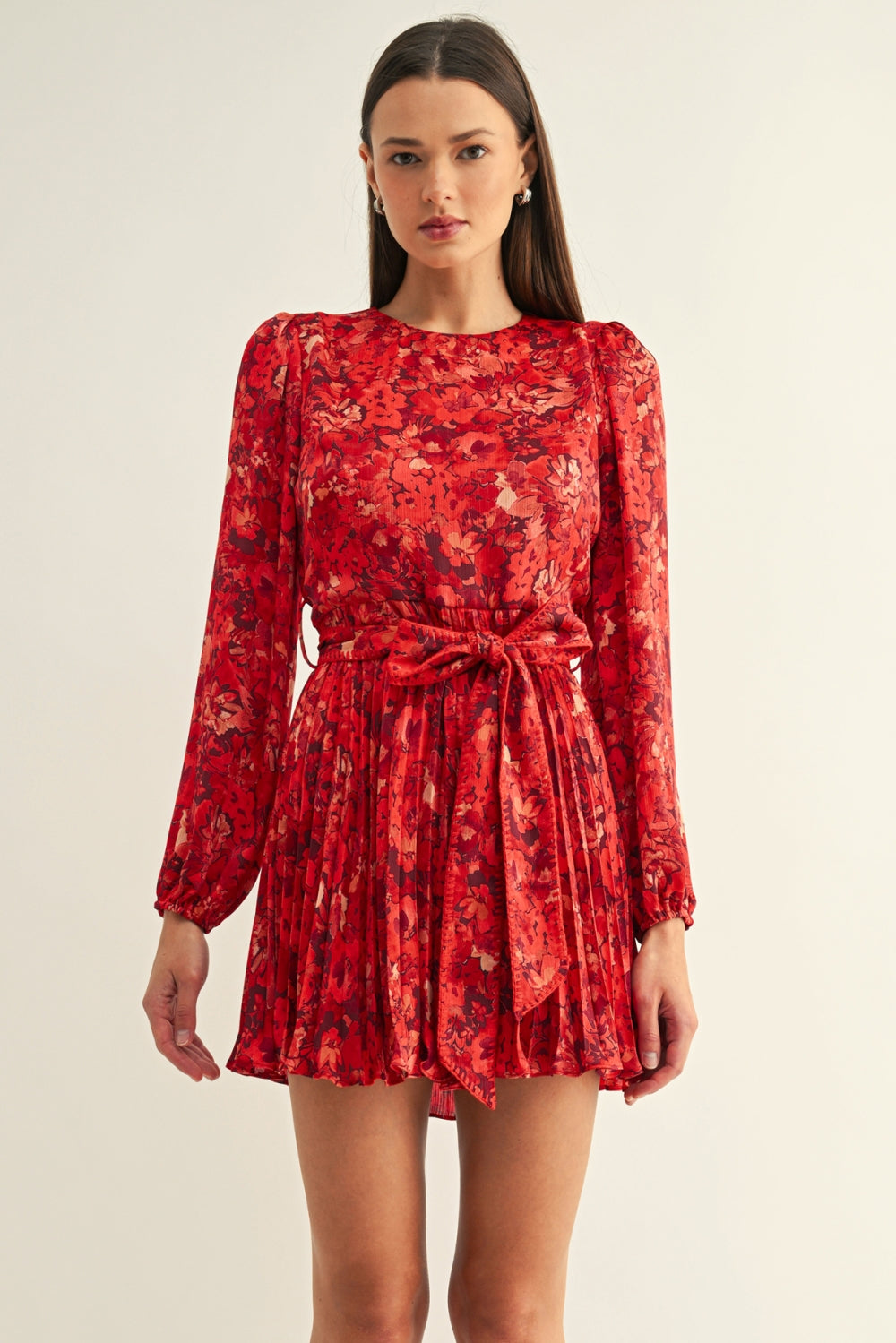 Bailey Pleated Long Sleeves Mini Dress F269D7396_RED MULTI