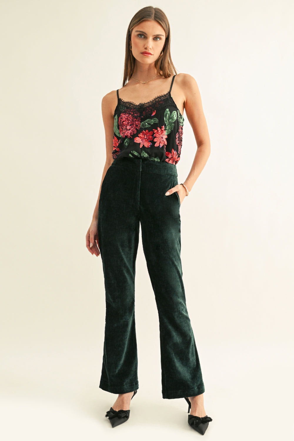 Brook Boots Cut Textured Velvet Pants F269P6602_HUNTER GREEN