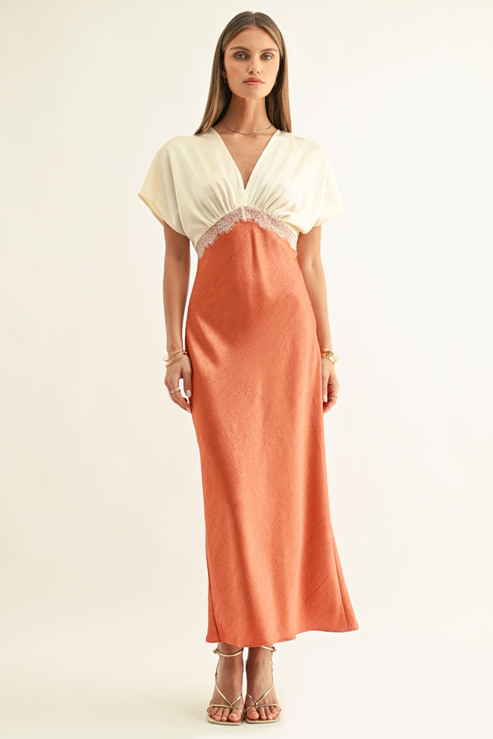 Carolina Color Blocked Dolman Sleeves Maxi Dress F268D7264_BURNT ORANGE/CREAM