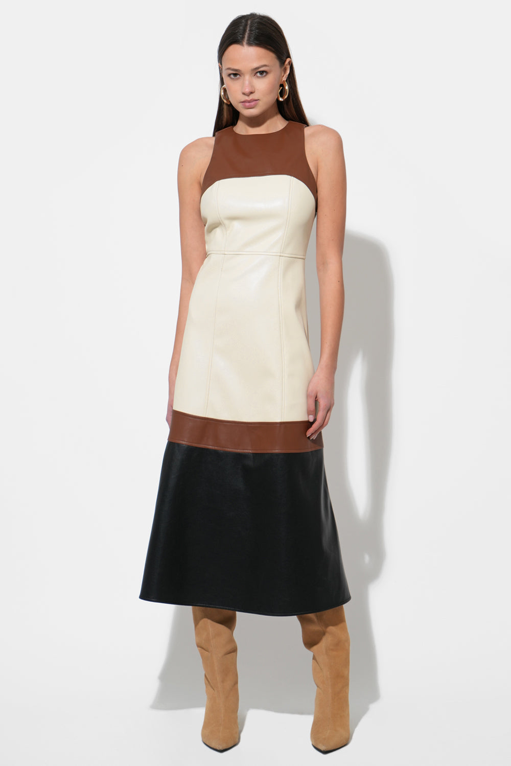 Caspia Vegan Leather Color Block Midi Dress F258D6582