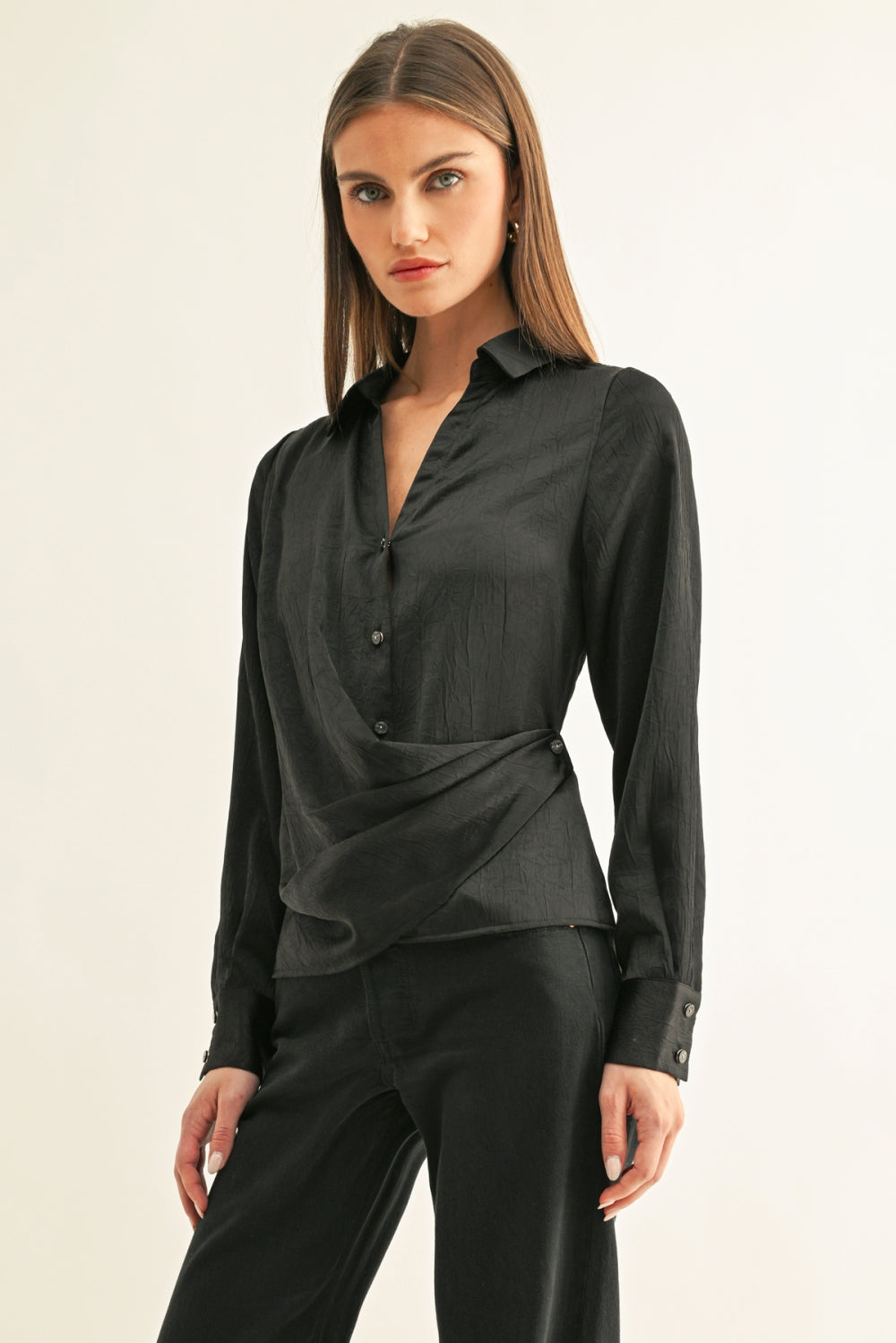 Cheyenne V-Neck Draped Shirt F268T7612_BLACK