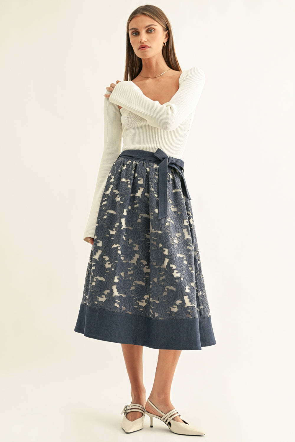 Crissa Jacquard Chambray Contrast Hem Midi Skirt F267S9480_DENIM BLUE JACQUARD