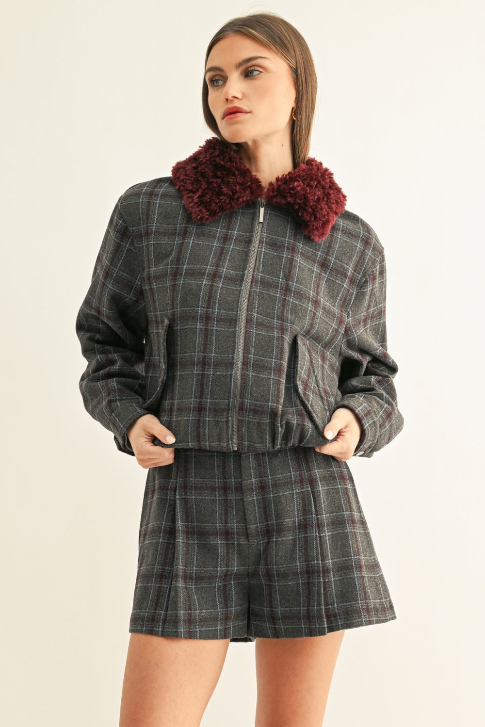 Daisy Vegan Fur Collared Jacket F269J1911_CHARCOAL/BURGUNDY