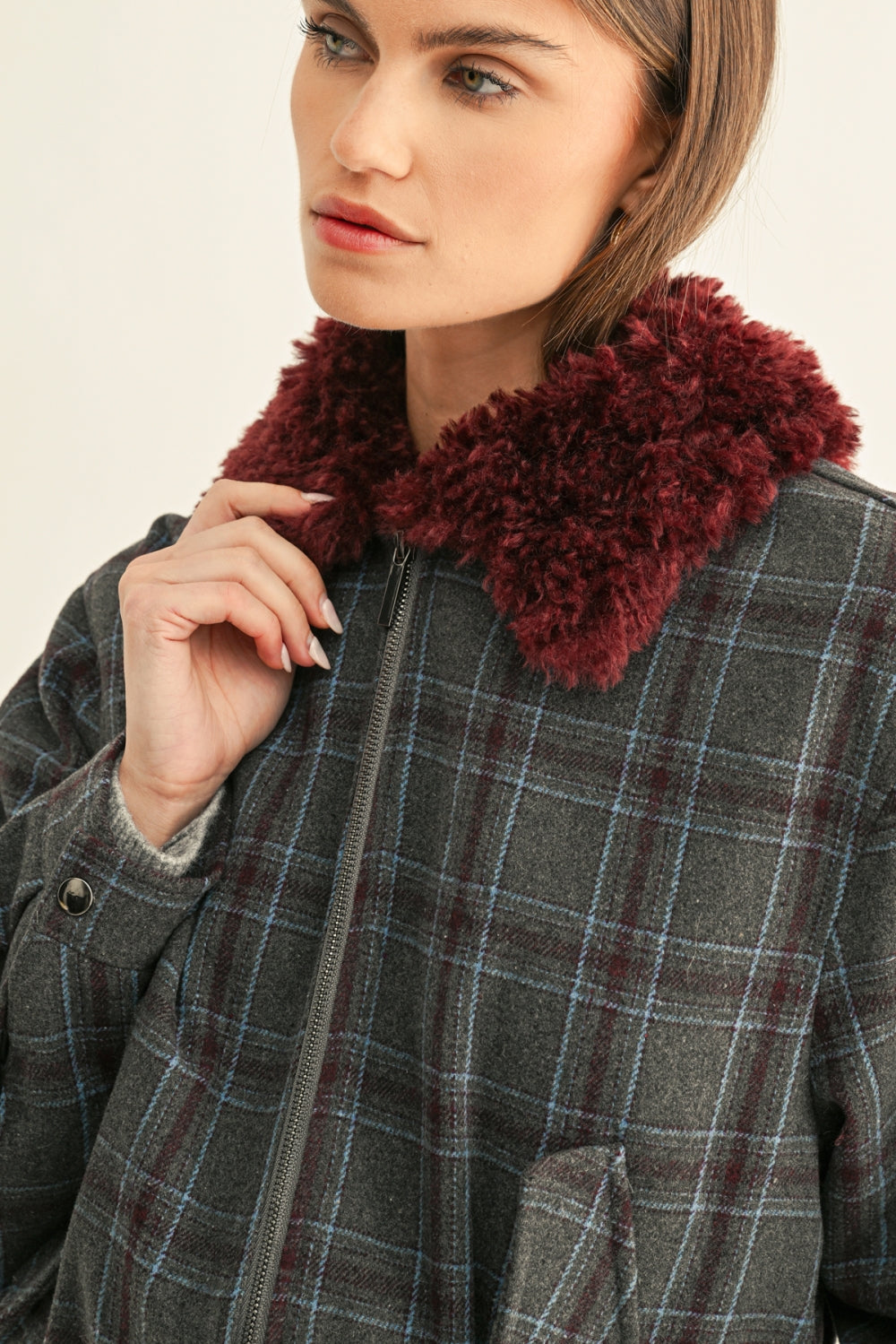 Daisy Vegan Fur Collared Jacket F269J1911_CHARCOAL/BURGUNDY