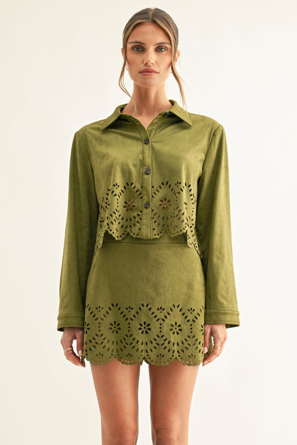 Davi Eyelet Faux Suede Skort F267S9483_OLIVE