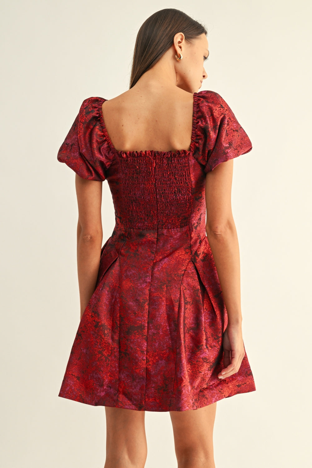 Donna Sweetheart Neck Bubble Sleeves Jacquard Mini Dress F269D7401_RED MULTI