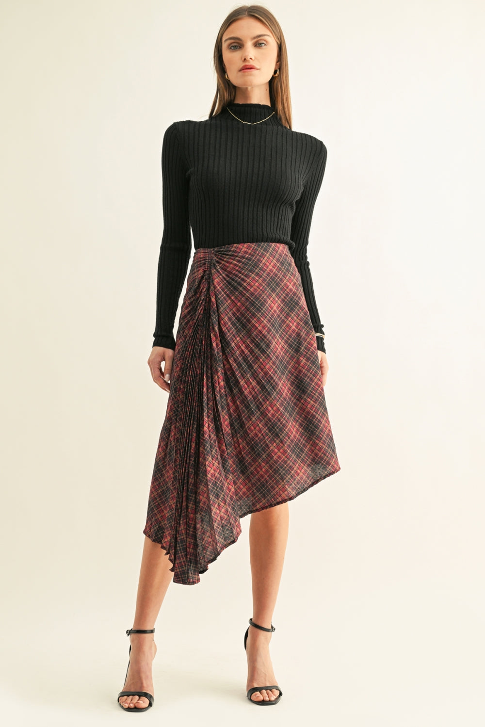 Elsie Asymmetrical Pleated Midi Skirt F269S9507_BURGUNDY MULTI