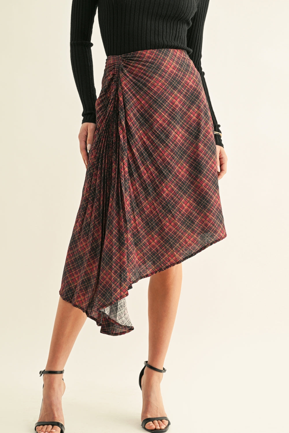 Elsie Asymmetrical Pleated Midi Skirt F269S9507_BURGUNDY MULTI