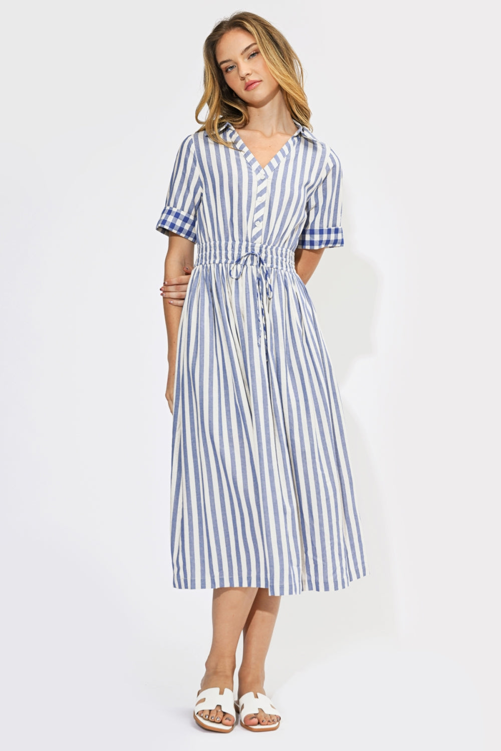 Evette Striped Short Sleeves Midi Dress F265D7161