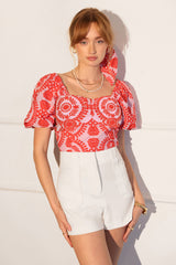 Jeany Embroidered Puff Sleeve Bustier Top