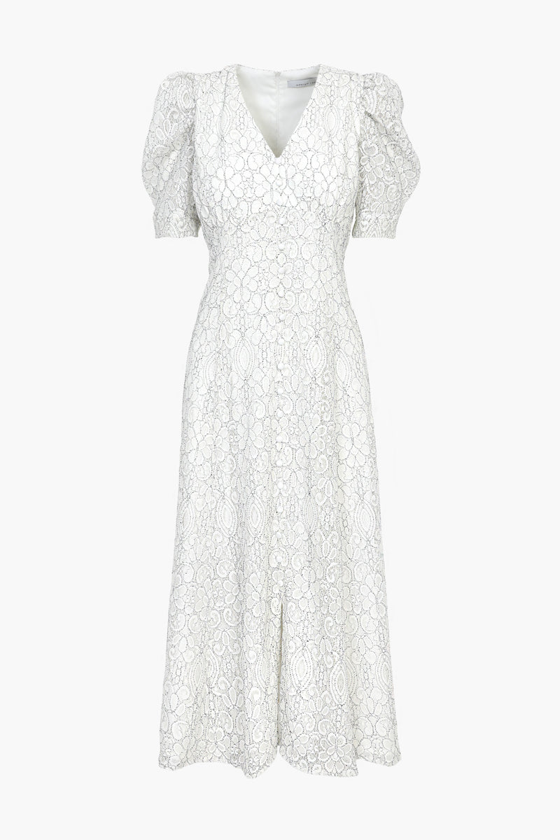 Lacey Puff Sleeve Lace Midi Dress