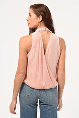 Luna Plisse Surplice Back Mock Neck Top