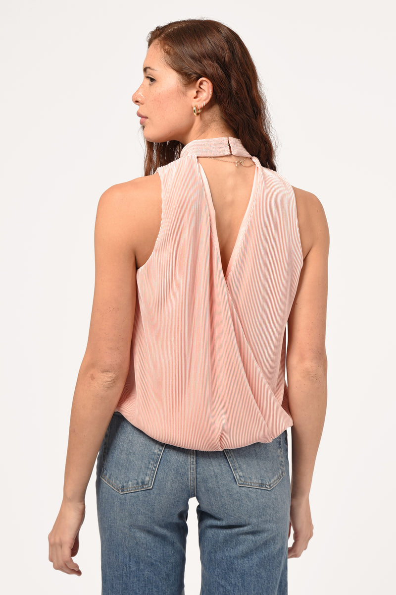 Luna Plisse Surplice Back Mock Neck Top