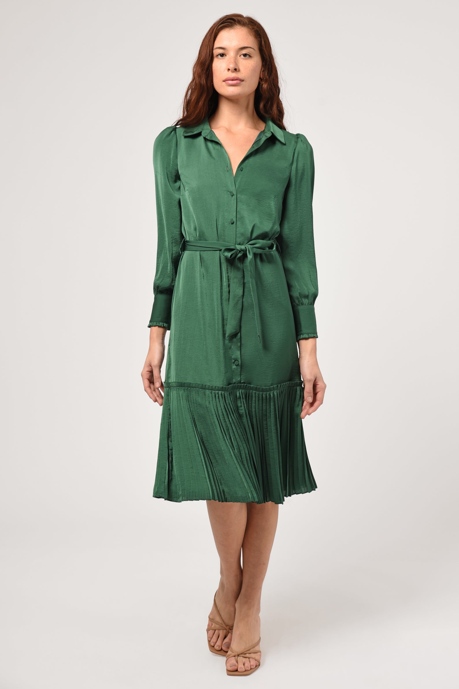 Margie Pleated Long Sleeve Shirtdress