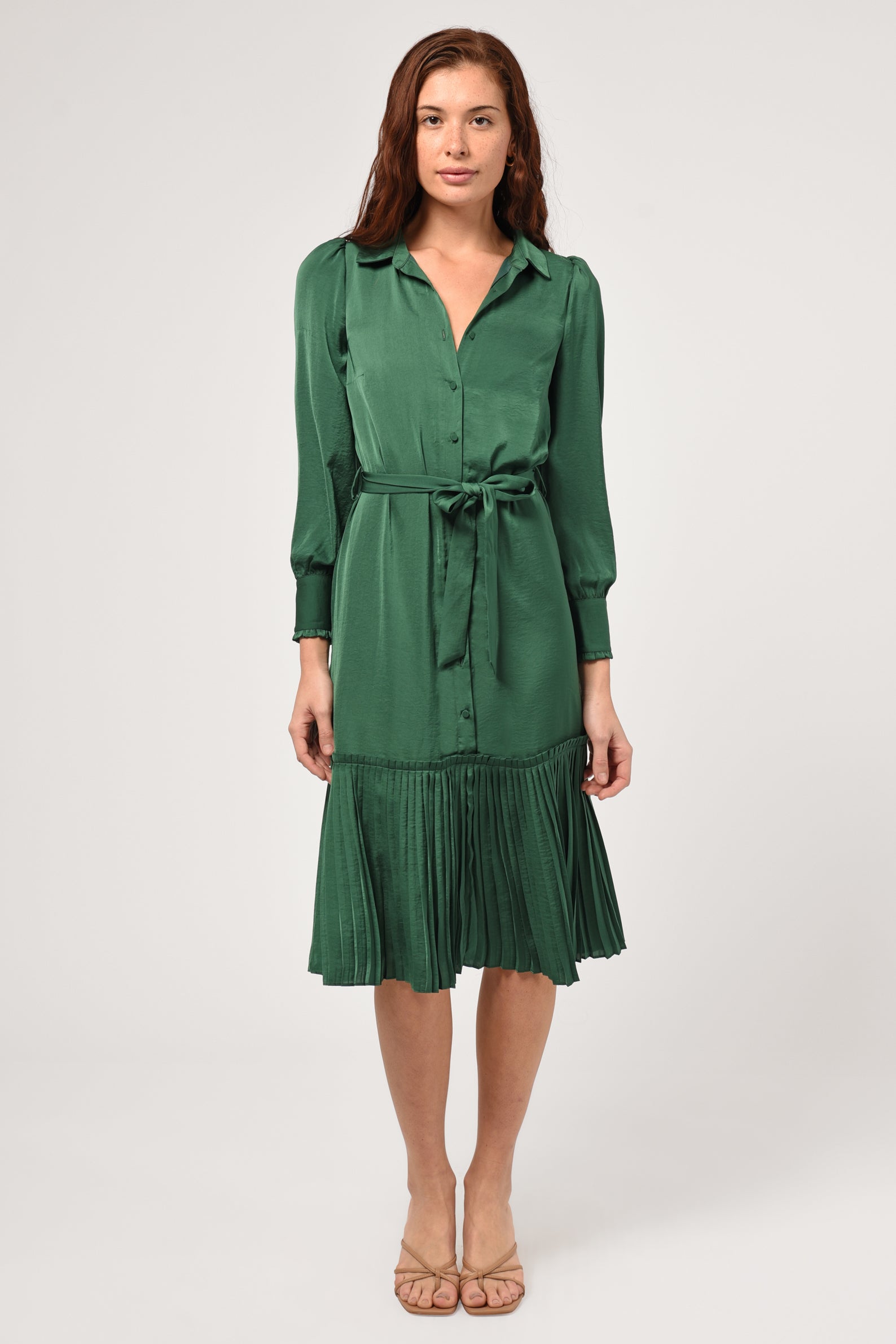 Margie Pleated Long Sleeve Shirtdress