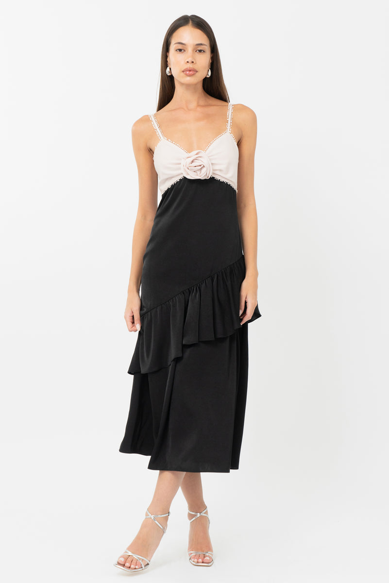 Zadie Asymmetrical Ruffle Midi Dress - L / CHAMPAGNE/BLACK Zadie Asymmetrical Ruffle Midi Dress - L / CHAMPAGNE/BLACK