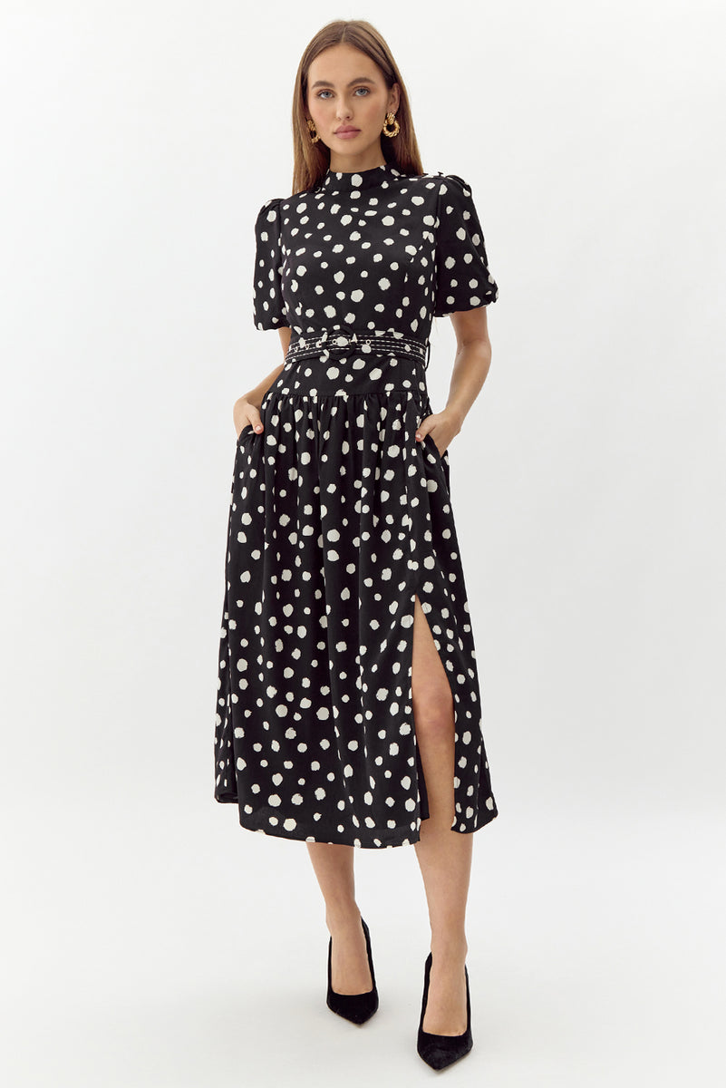 Darlene Polkadot Belted Midi Dress - XS / BLACK/IVORY Darlene Polkadot Belted Midi Dress - XS / BLACK/IVORY