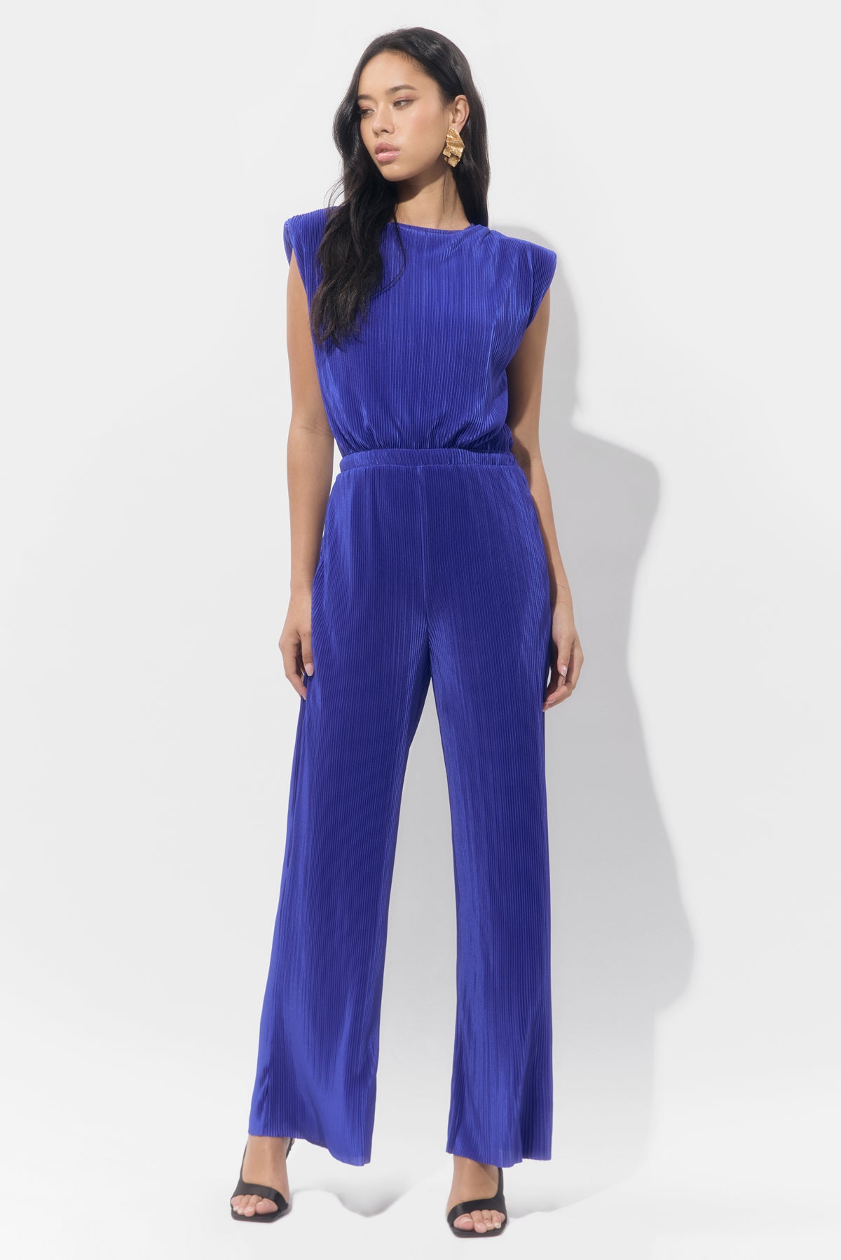 Annalise Padded Shoulder Plisse Jumpsuit
