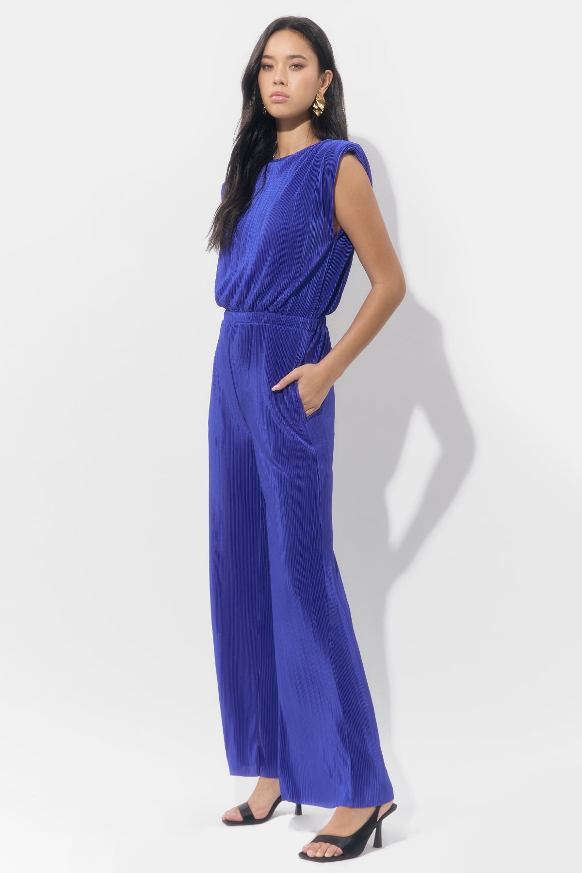 Annalise Padded Shoulder Plisse Jumpsuit