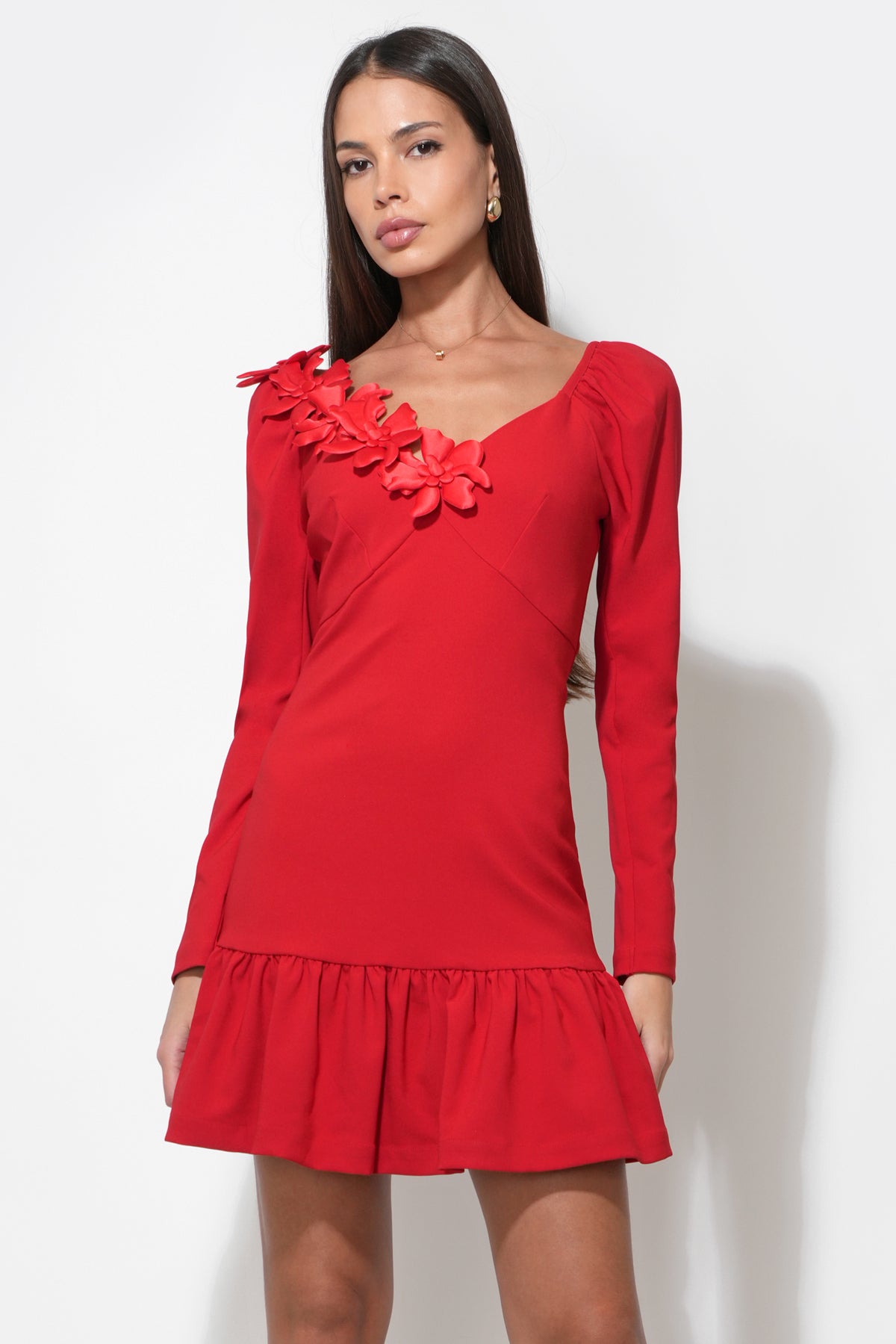 Gabriella 3D Flower Long Sleeve Mini Dress