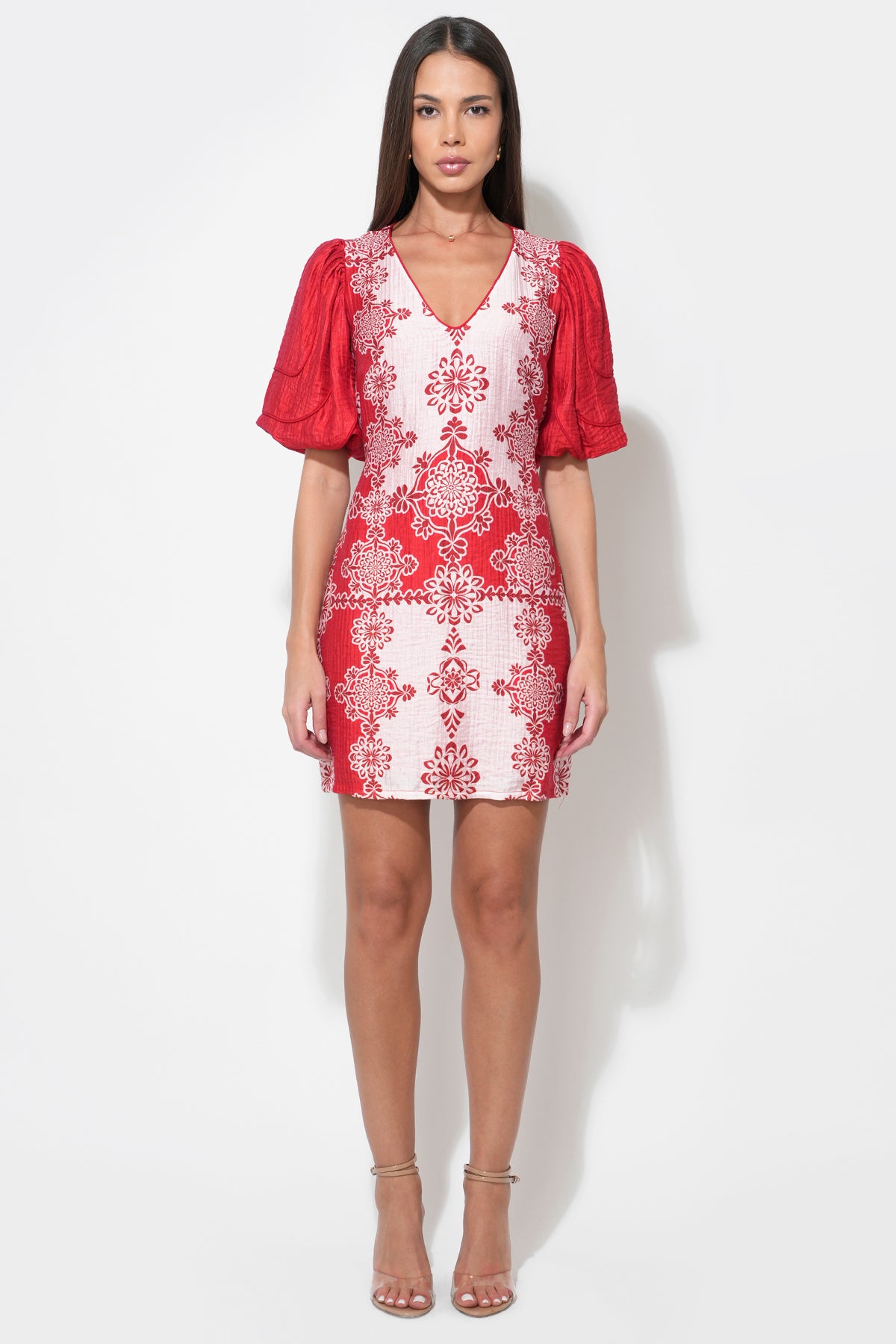 Caroline V-Neck Bubble Sleeve Red Mini Dress