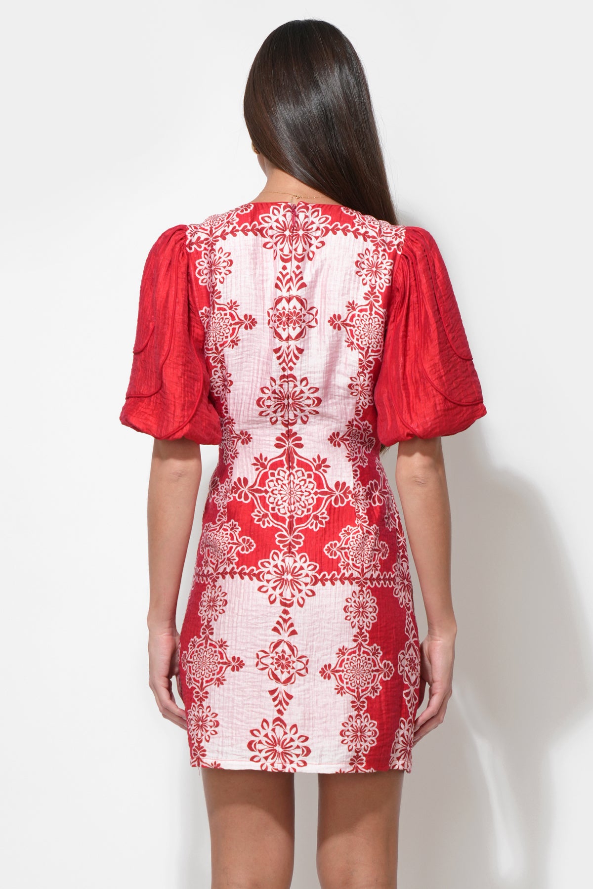 Caroline V-Neck Bubble Sleeve Red Mini Dress